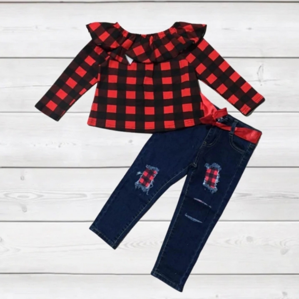 2 piece red Buffalo plaid off shoulder top matching jeans boutique 4x 8/9